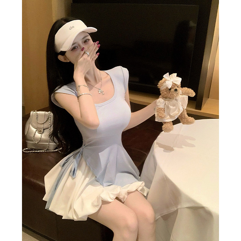 夏新款不规则修身绑带方领上衣高腰蓬蓬短裙时尚两件套辣妹小个子