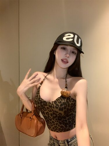 辣妹豹纹短款挂脖吊带背心女夏季修身内搭带胸垫v领露背上衣外穿