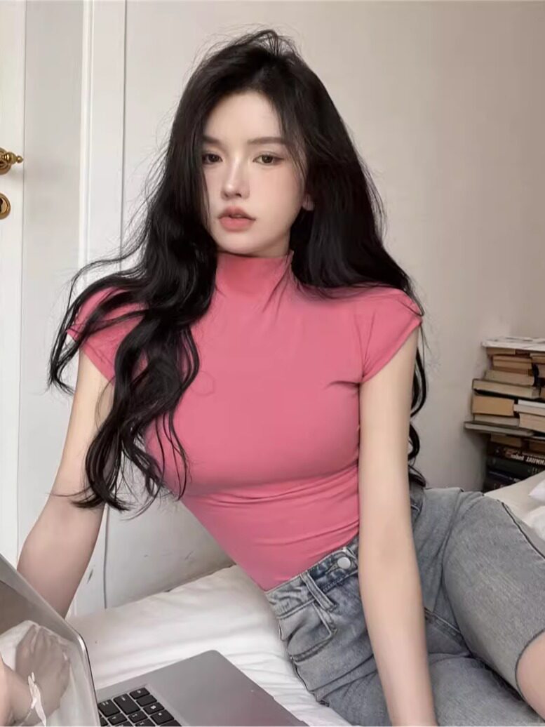 纯欲性感半高领短袖t恤女秋季辣妹紧身打底衫内搭修身短款上衣夏