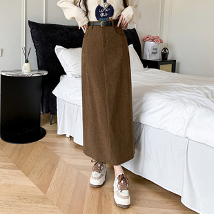 加绒灯芯绒直筒半身裙女秋冬新款高腰显瘦中长款遮胯包臀a字长裙