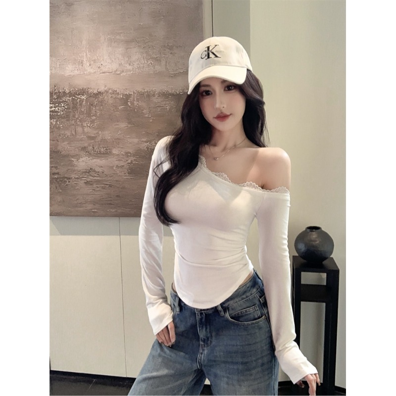 蕾丝拼接纯欲风斜肩长袖T恤