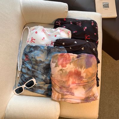 纯欲风网纱印花泰式性感无肩带裹胸修身内搭不规则抽皱带胸垫辣妹