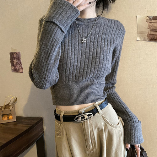 红色百搭圆领内搭针织衫女