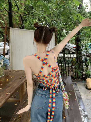 夏季背心女上衣多巴胺女孩甜心辣妹彩虹串珠别针露背交叉绑带吊带