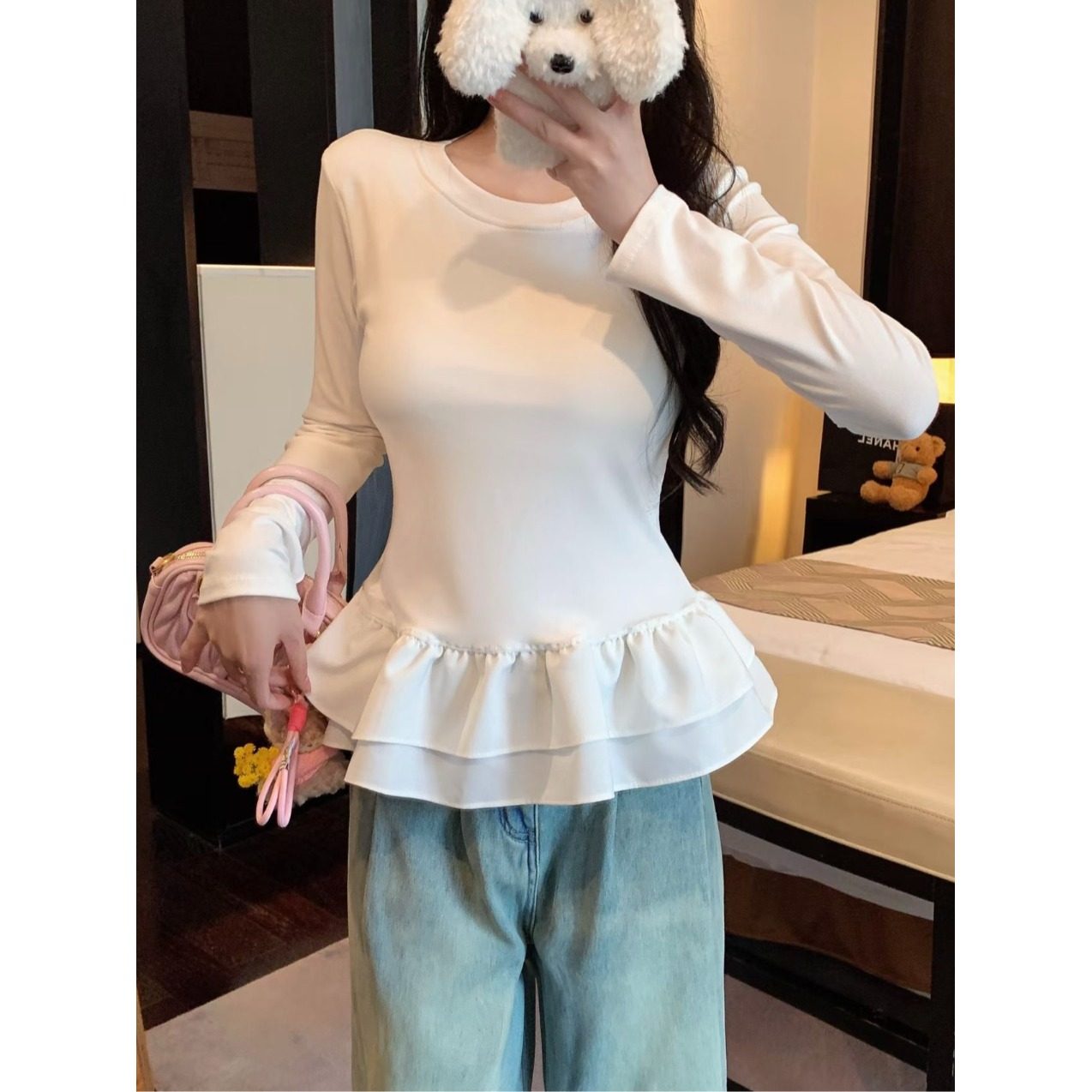 芭蕾风花边白色打底衫女秋冬高级感修身显瘦长袖t恤别致内搭上衣