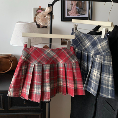 安可拉红格子毛呢半身裙女秋冬高腰加厚JK百褶裙显瘦复古a字短裙