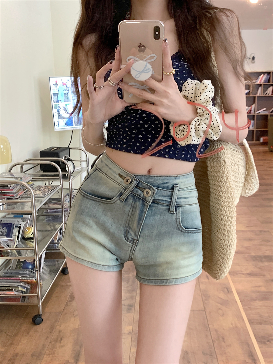美式复古牛仔短裤女2024夏季薄款高腰显瘦腰部设计感紧身弹力热裤