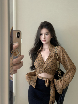 复古个性韩版印花绑带七分袖衬衫女2024夏季新款修身显瘦上衣潮