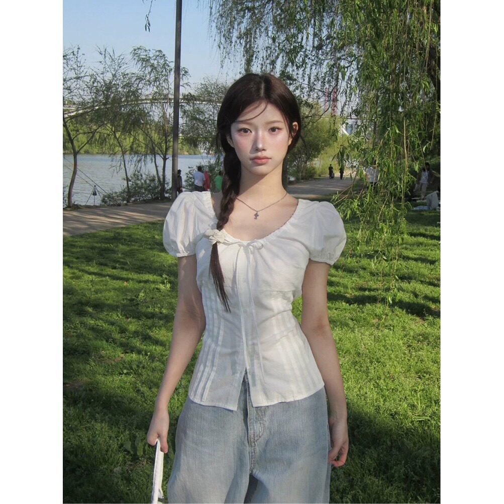 白色泡泡袖短袖衬衫女款小个子夏2026新款法式高级感绑带收腰上衣