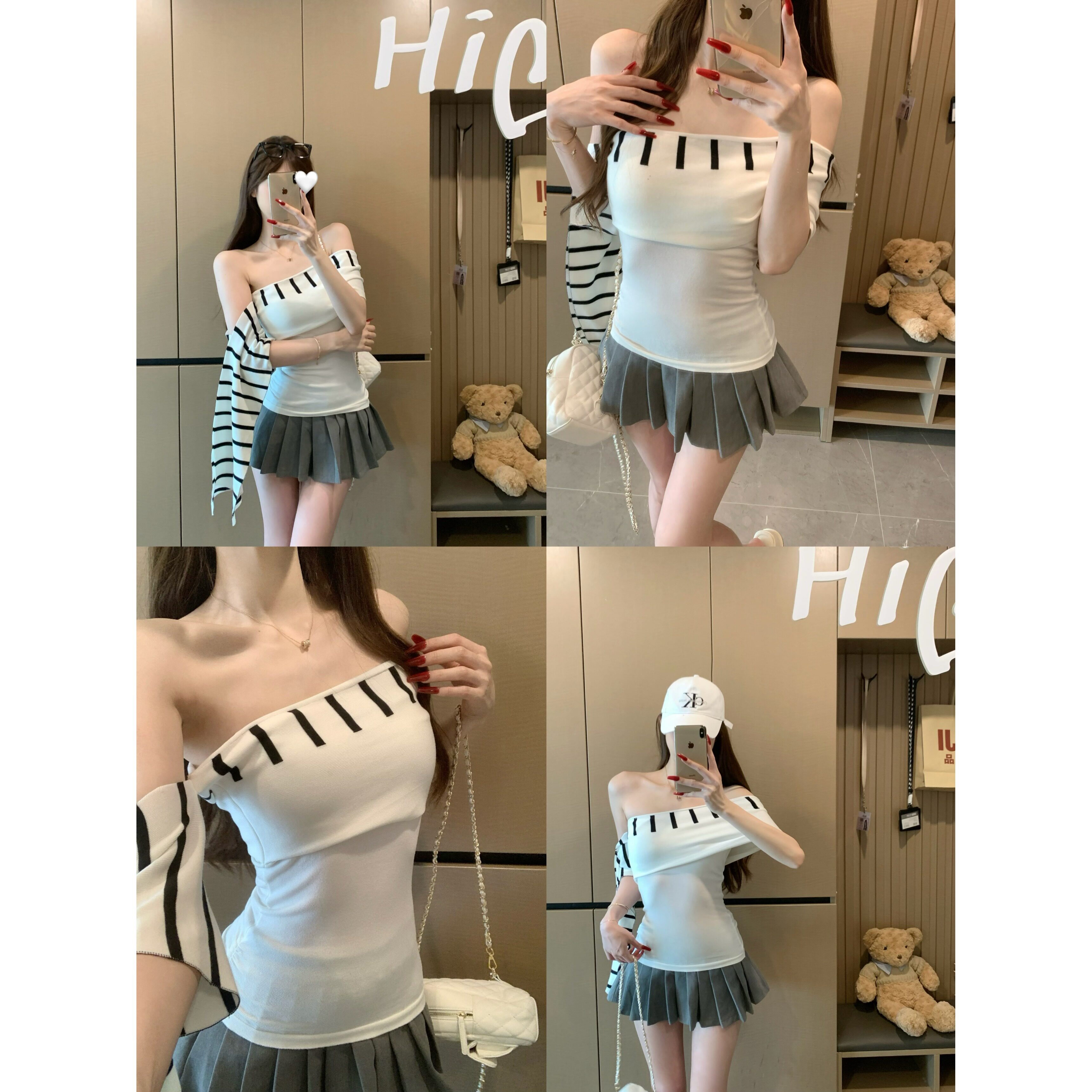 白色斜肩飘带条纹T恤女夏季韩系纯欲气质修身超好看绝美露肩上衣