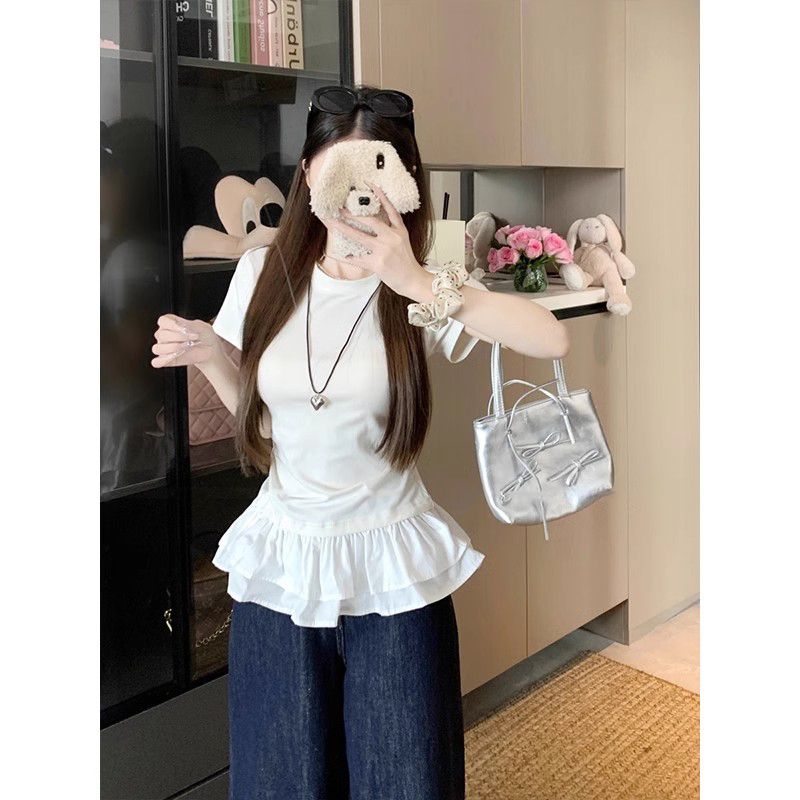 法式荷叶边修身短袖T恤女夏季