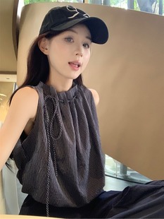 复古蓝色格子无袖衬衫女夏季设计感绑带小众褶皱短款上衣