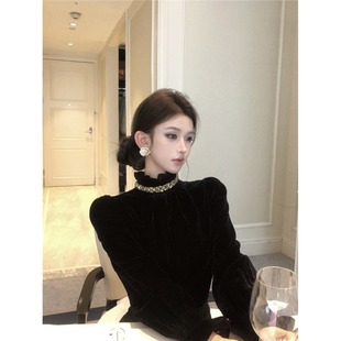 法式亮片拼接长袖衬衫女冬季高级感港风收腰修身黑色气质绝美上衣