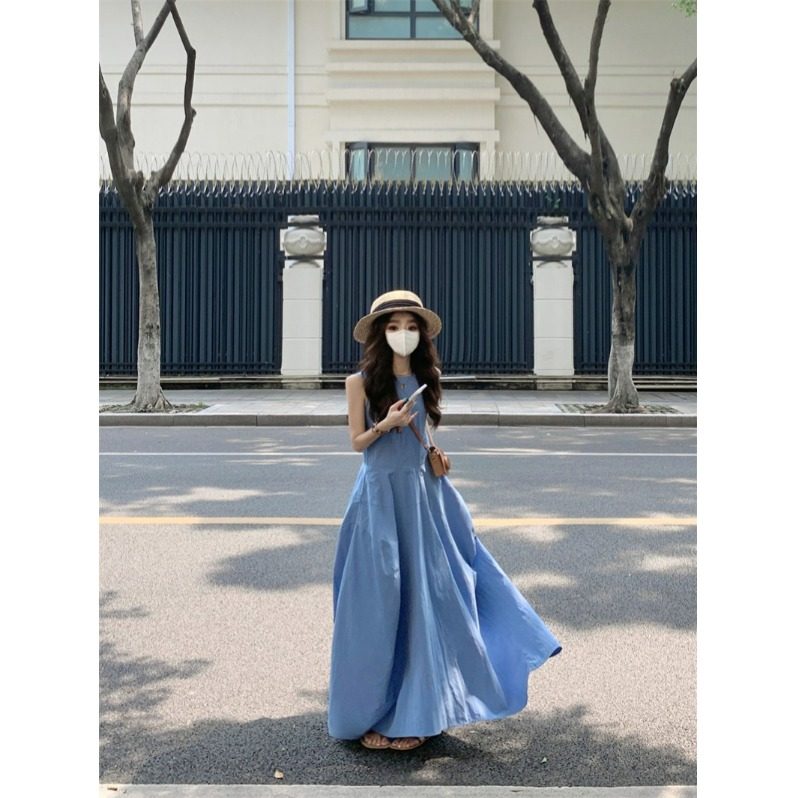 法式蓝色背心裙女装夏季小众设计感宽松百搭无袖连衣裙女中长裙子