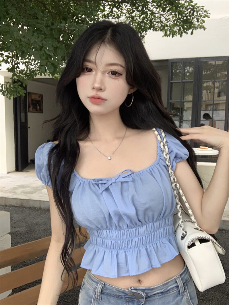 夏季新款甜美纯欲风短款蓝色上衣女短袖泡泡袖性感甜辣露肩一字肩