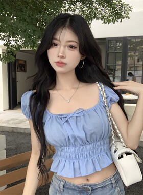 夏季新款甜美纯欲风短款蓝色上衣女短袖泡泡袖性感甜辣露肩一字肩