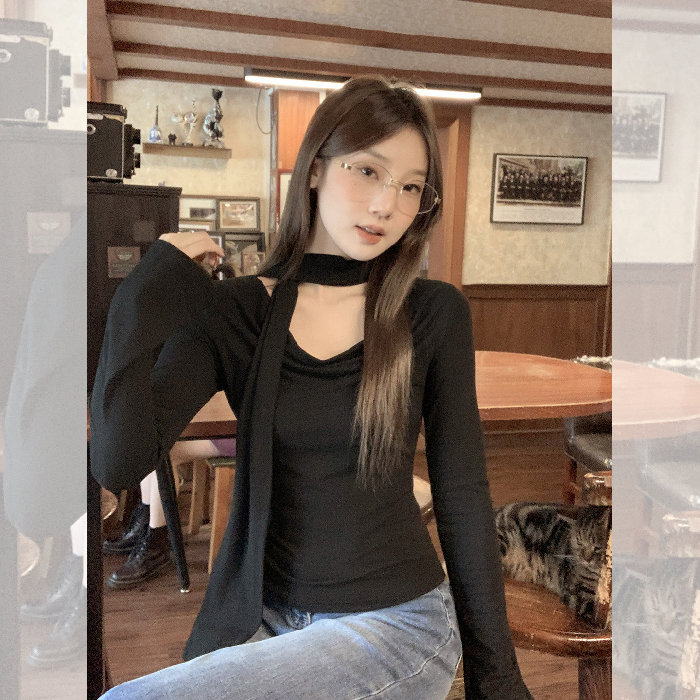 早春穿搭荡领飘带设计感长袖上衣