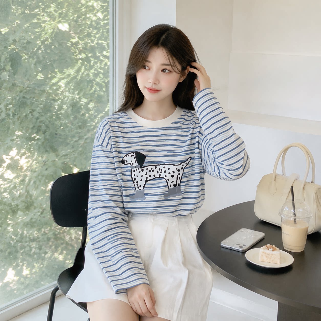 美式复古蓝条纹小狗长袖T恤女