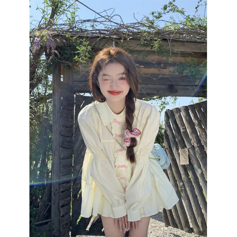春秋新款甜美蝴蝶结泡泡袖衬衫