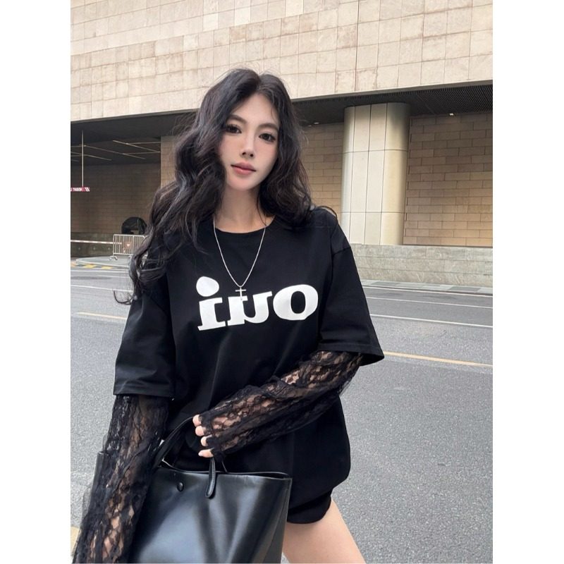 青春女士中长款套头字母蕾丝拼接