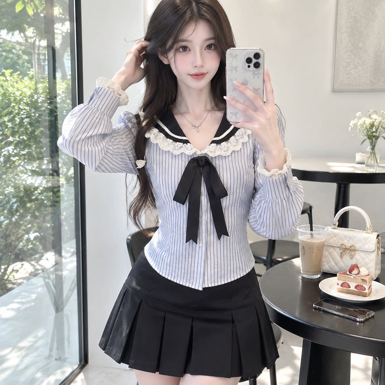 法式蓝条纹短款显瘦长袖衬衫女