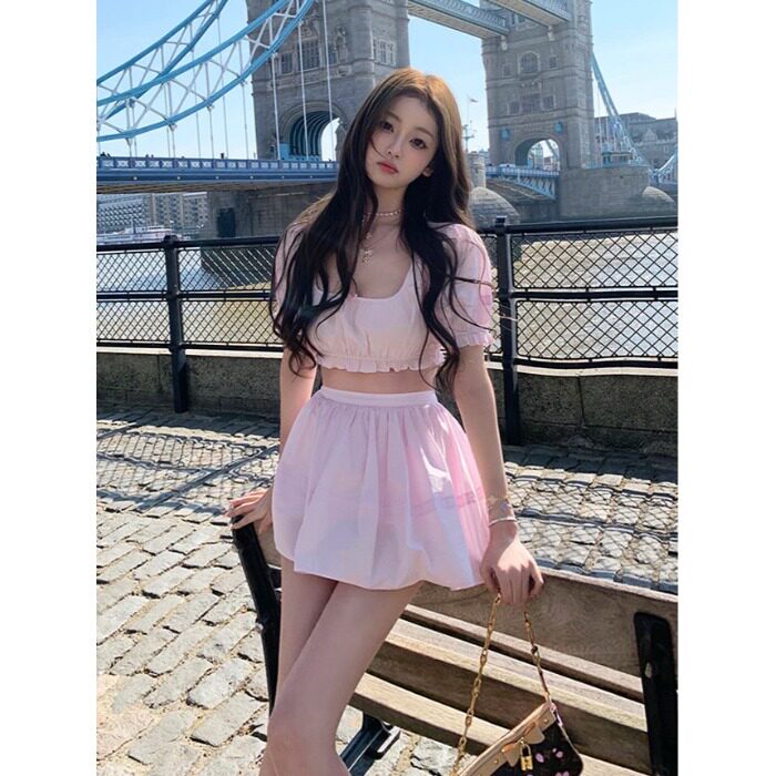 夏季小黑裙甜美花苞U领两件套