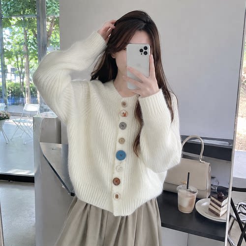 秋冬加厚保暖彩色扣针织开衫女