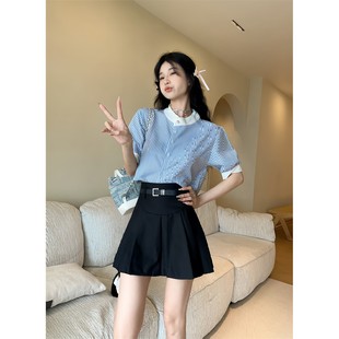 蓝色条纹衬衫女法式小众高级设计感夏季学院风小清新甜美减龄上衣