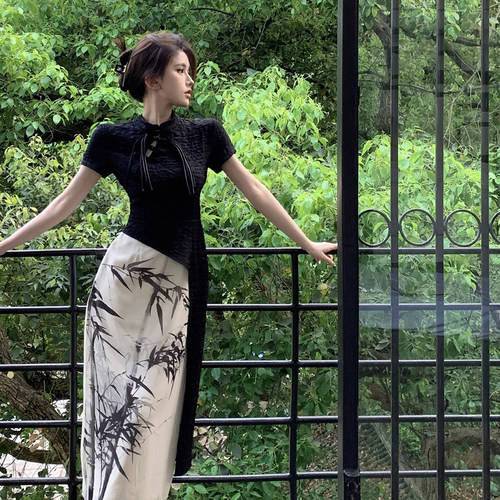 新中式国风短袖连衣裙女装夏季水墨画改良旗袍裙子高级感气质长裙
