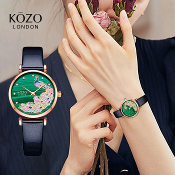 kozo手表女简约气质2020新款潮流女士品牌腕表绿孔雀时尚女表防水