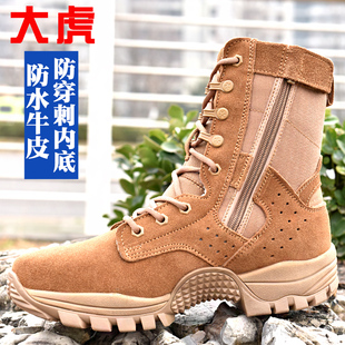 大虎新式棕色户外作战训靴减震耐磨正品侧拉链防水防穿刺登山靴男