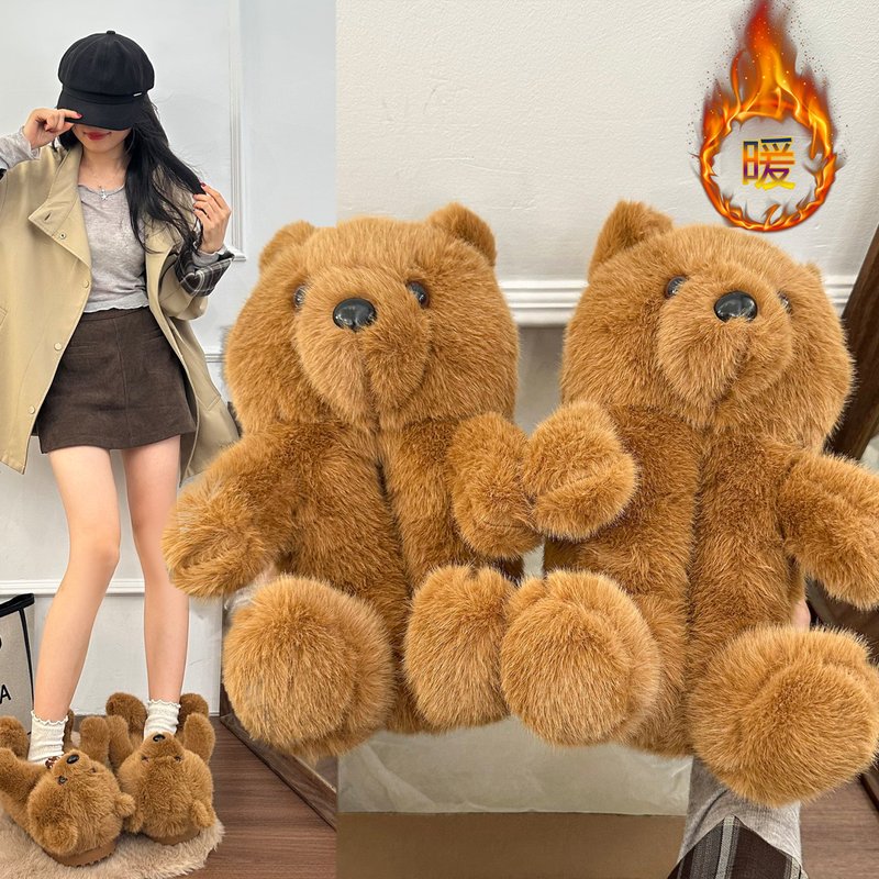 毛绒小熊拖鞋冬季保暖厚底