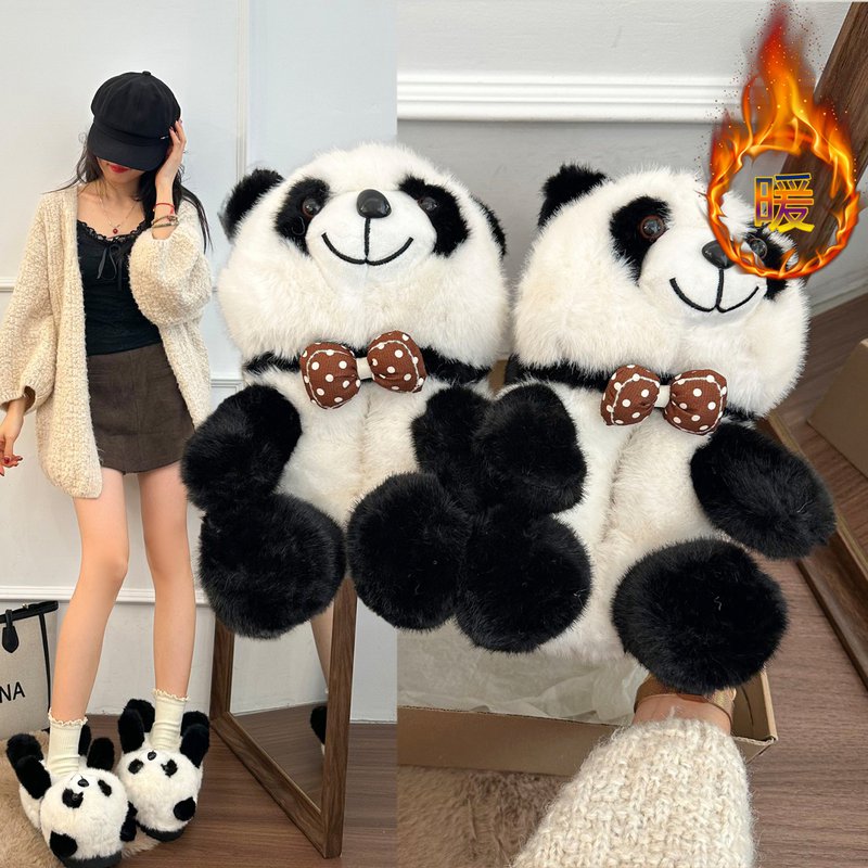 可爱熊猫毛毛拖鞋女蝴蝶结保暖