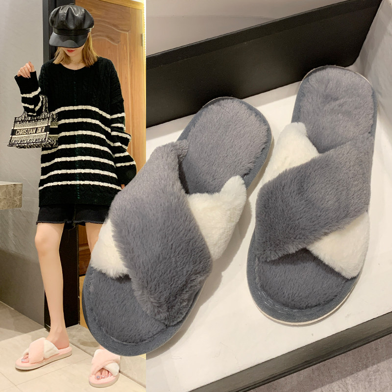 毛毛拖鞋女秋冬新款平底交叉露趾月子一字拖室内保暖地板拖棉拖鞋,女鞋,毛毛鞋,淘宝优惠券,粉丝福利购,淘宝优惠卷