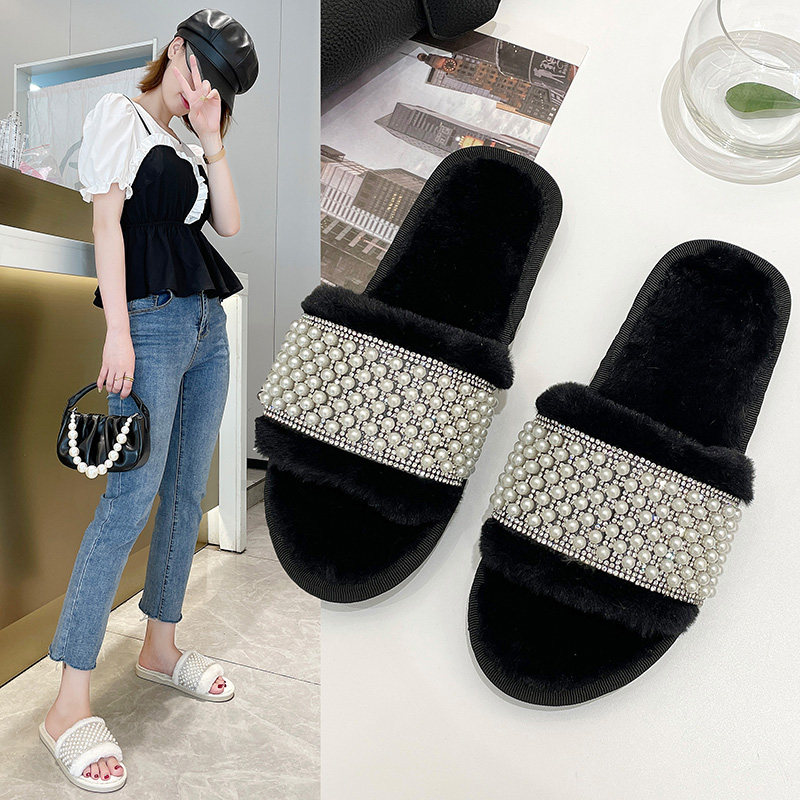 网红ins拖鞋女外穿2025秋季新款时尚毛毛珍珠平底黑色凉拖居家鞋,女鞋,毛毛鞋,淘宝优惠券,粉丝福利购,淘宝优惠卷
