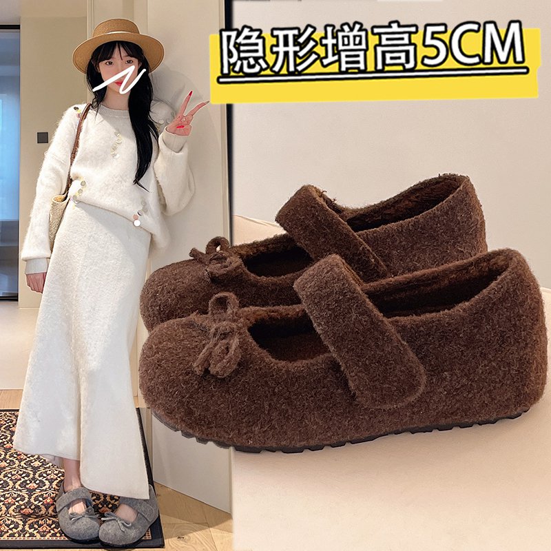 2025秋季新款棉鞋一字式扣带平底绒面单鞋圆头2025年秋季橡胶低跟
