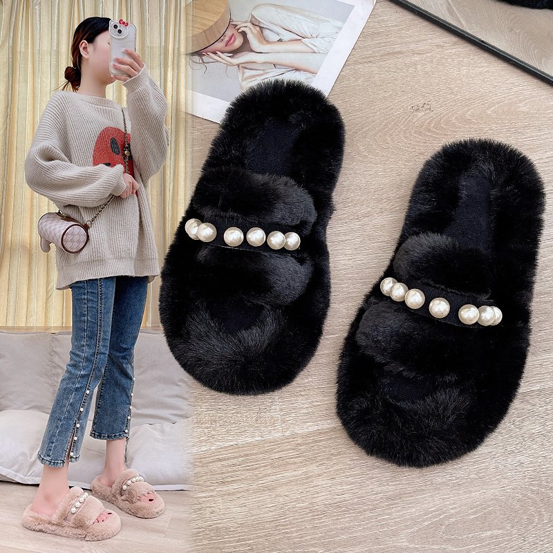 2023珍珠装饰毛毛一字拖