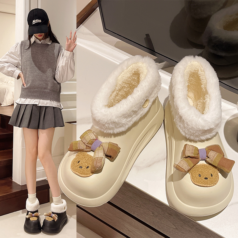 韩系可爱小熊加绒棉鞋女秋冬季外穿防水防滑厚底可拆卸保暖短靴子