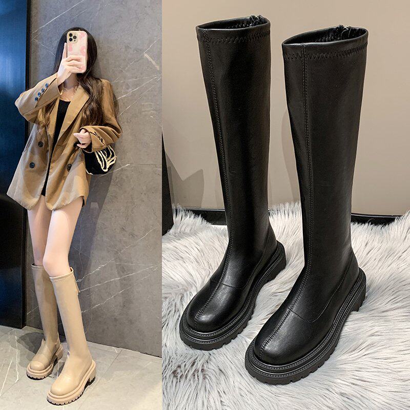 밀크티 컬러 부츠 2024 가을 겨울 새로운 스타일 후면 지퍼 미끄럼 방지 두꺼운 단독 슬리밍 키 큰 나이트 부츠 여성용 굴뚝 부츠