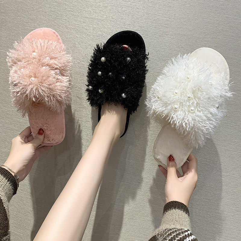 少女粉软珍珠毛毛拖鞋2022可爱