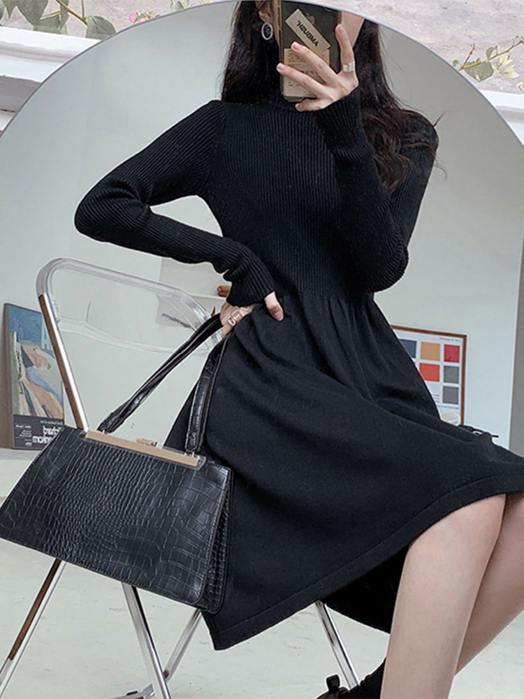새로운 가을 겨울 스타일 햅번 스타일 프렌치 스웨터 드레스 아래 코트 블랙 하프 터틀넥 바닥 니트 드레스 여성용