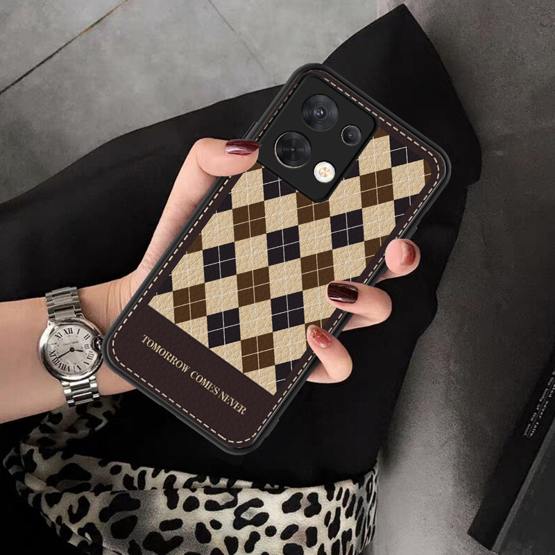 适用opporeno8皮纹硅胶全包格纹