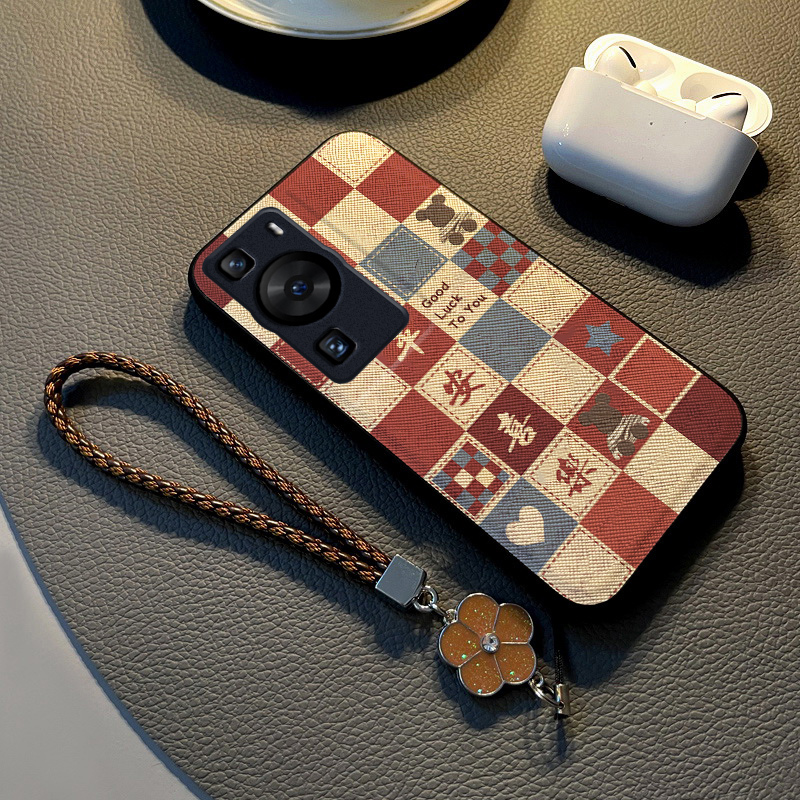 适用华为p60布纹卡通手机壳挂绳