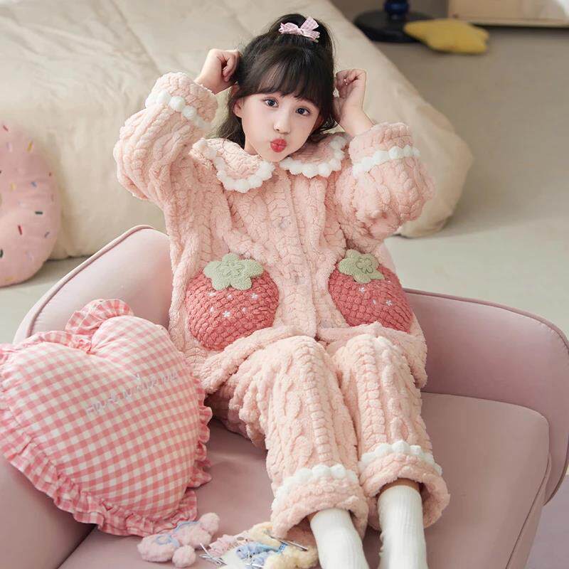 JOANNA法国 儿童女睡衣保暖秋冬季加绒加厚款家居服冬季套装新款