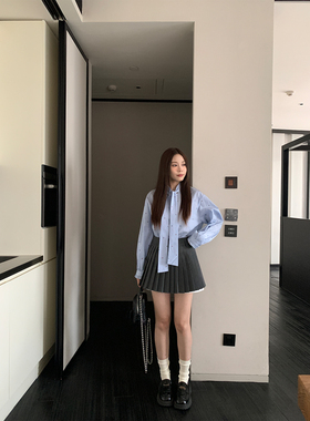 米花家【杜塞画廊】蓝色飘带领提花设计感衬衫女2025春季百搭上衣