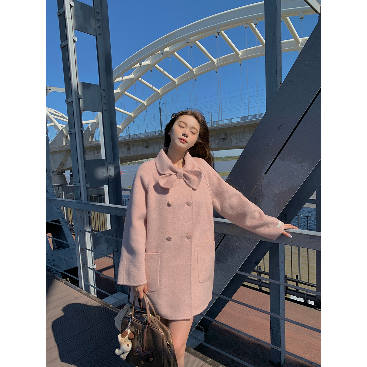 米花家 【北海道初雪】100羊毛蝴蝶结大衣女2024秋冬新款毛呢外套