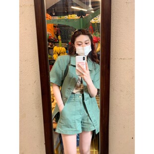 套装 米花家 外套上衣女设计感显瘦牛仔短裤 牛仔短袖 波克公园