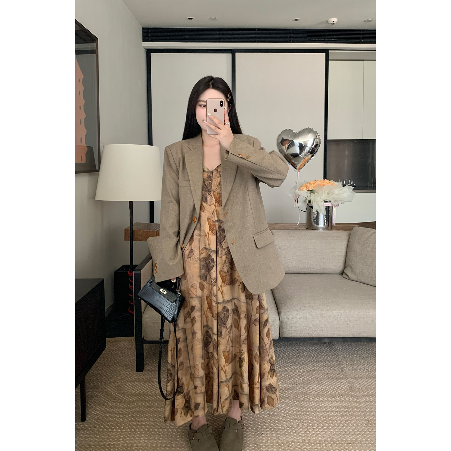 米花家【茶思玛芬】新中式复古印花吊带连衣裙女修身显瘦设计长裙