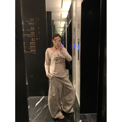 米花家 复古斜排扣大领口印花长袖T恤女早秋宽松薄款打底上衣