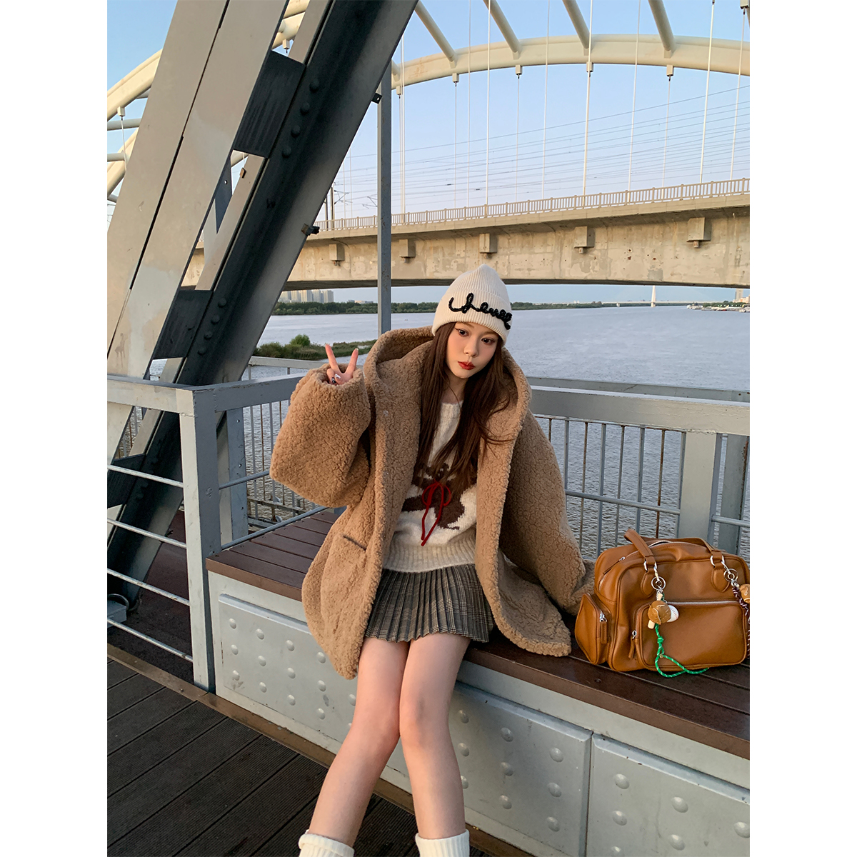 米花家【日光暖暖】连帽口袋皮毛一体皮草外套女2024秋冬短款大衣